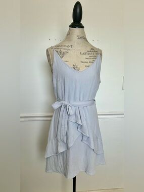 Light Blue Sleeveless Tiered Ruffle Dress with Waist Tie